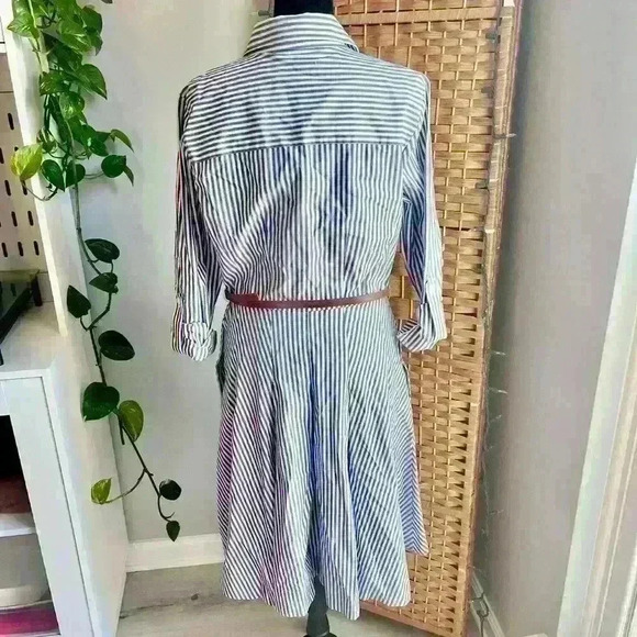 Michael Kors Blue Pin Stripe Belted Midi Button Down Dress - Picture 7 of 12